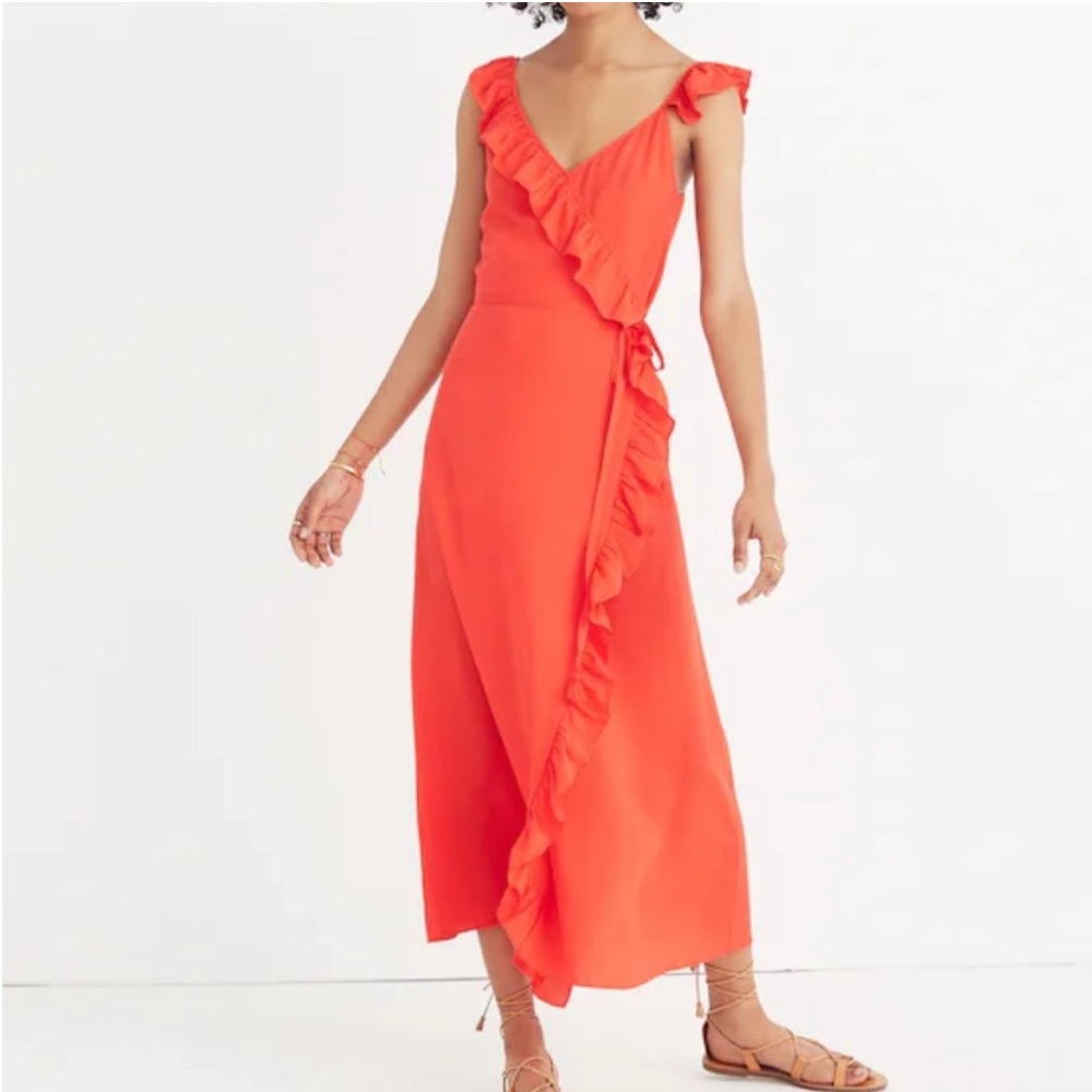 Madewell Coral Ruffle Wrap Dress